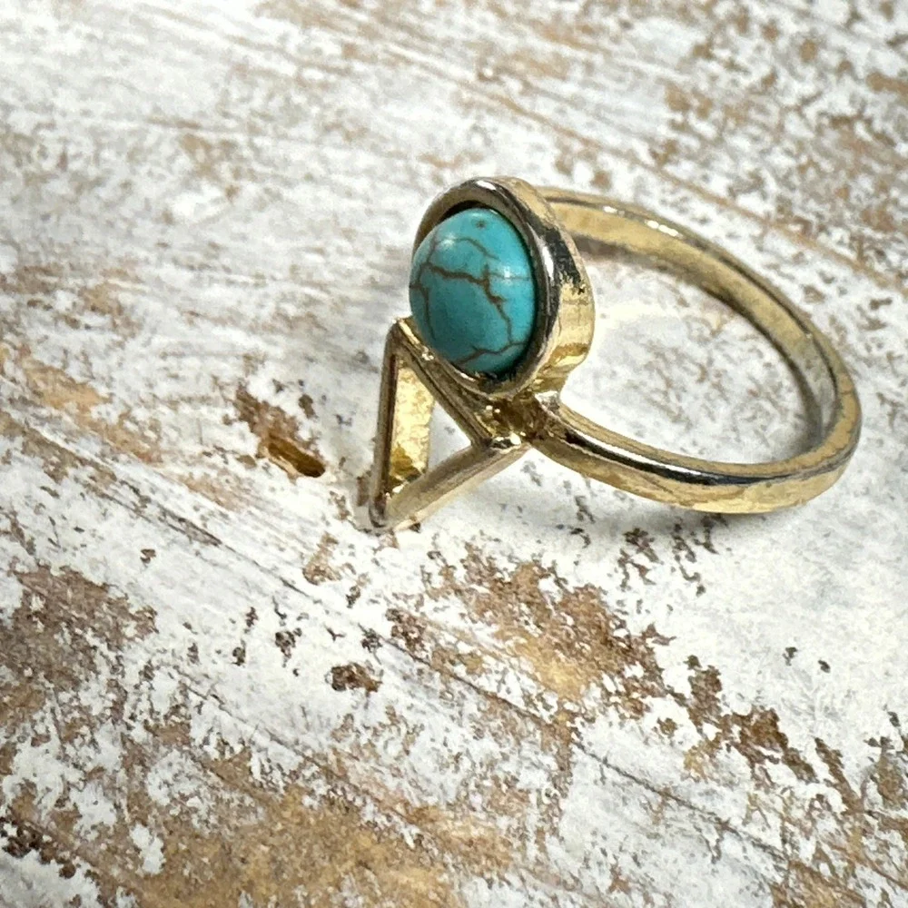 Gold Tone Geometric Faux Turquoise Triangle Ring Size 7.5 Boho Southwestern